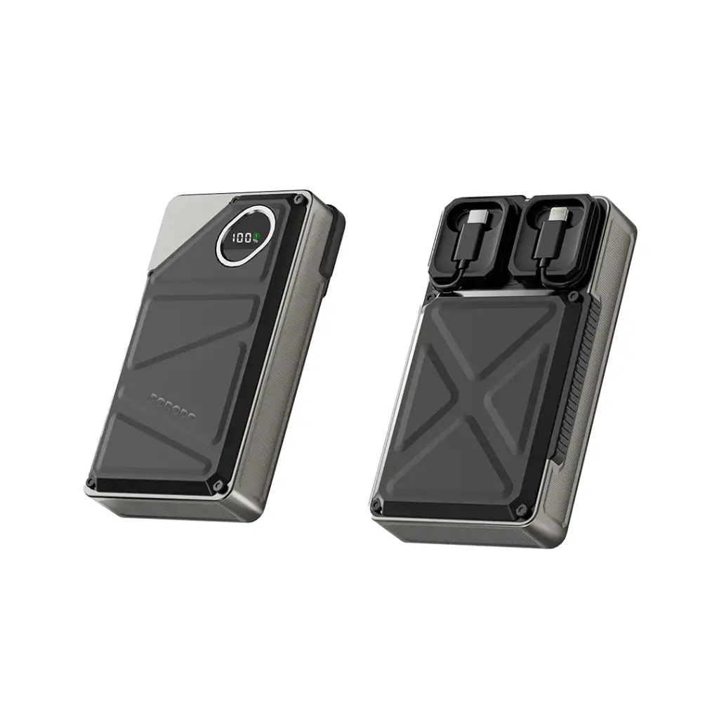 Porodo 20000mAh Powerbank 2xType-C, USB A and Type C Digital Display with C & Lightning Integrated Cable - Black